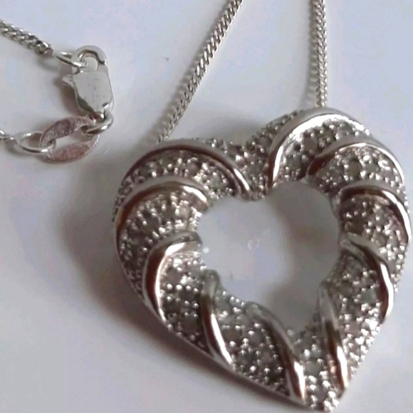 Sterling Silver Diamond Ribbon Heart Slider Pendant Necklace 16" Long 7.4 Grams - Picture 1 of 6
